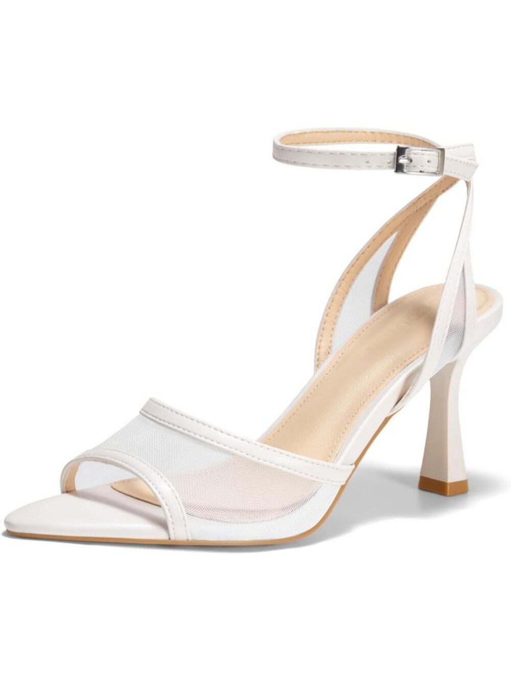 Women's Mesh White Kitten Heels Pointed Open Toe Buckle Strap Summer Sandals